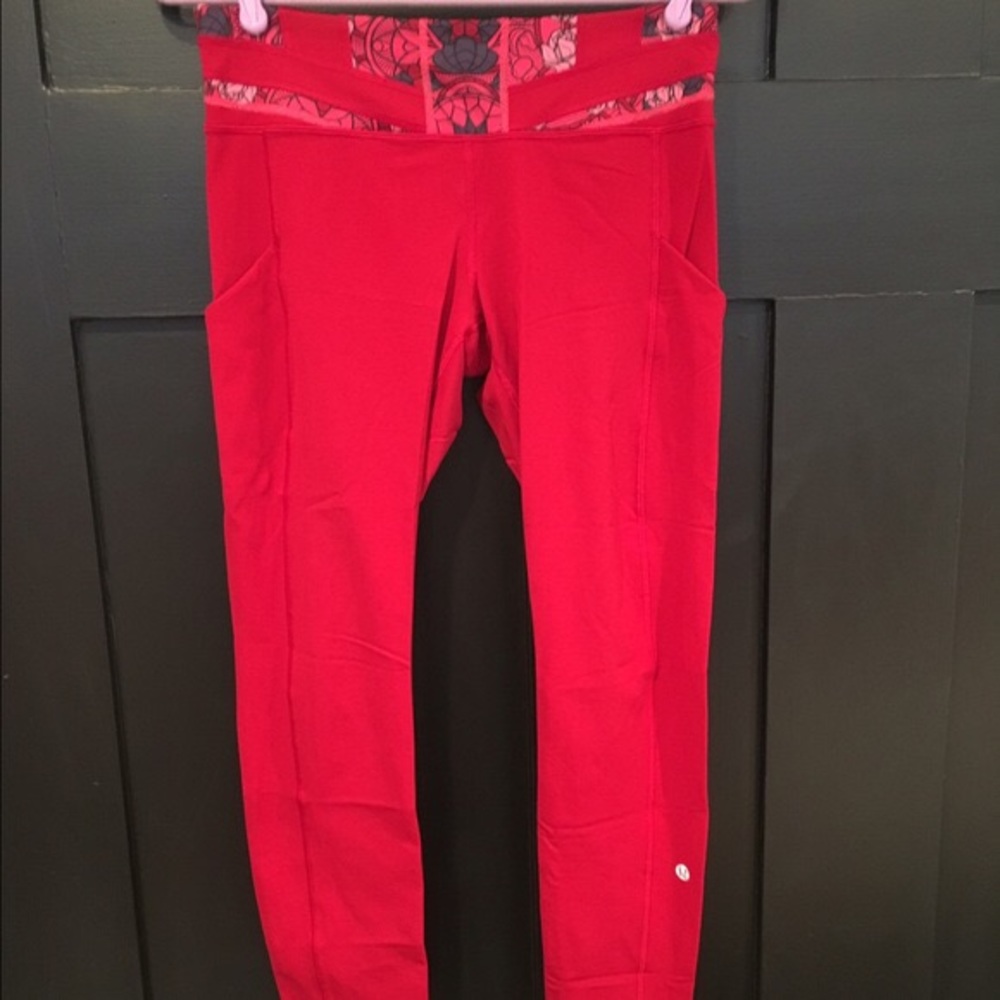 Red lululemon pants with floral waistband